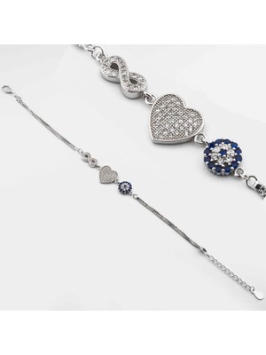 925 Gümüş 925 Ayar Gümüş Nazar Boncuklu Kalp Sonsuzluk Bayan  Bileklik