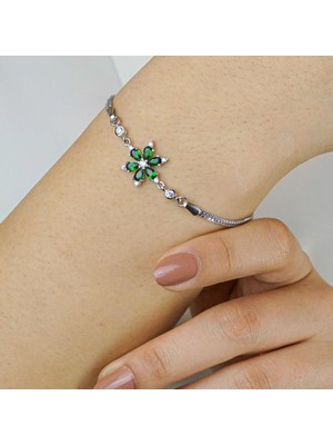 925 Gümüş Yeşil Lotus Çiçeği Tasarımlı 925 Ayar Gümüş Kadın Bileklik