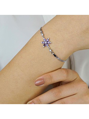 Mor Lotus Çiçeği Tasarımlı 925 Ayar Gümüş Kadın Bileklik