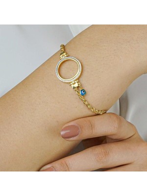 Çeyrek Altın Takmalı Altın Kaplamalı Nazarlı 925 Ayar Gümüş Kadın Bileklik