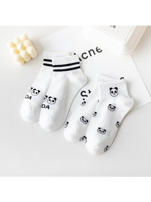 Meguca Socks Kadın Siyah Beyaz Panda Desenli Kolej Çorap Seti 5 Çift