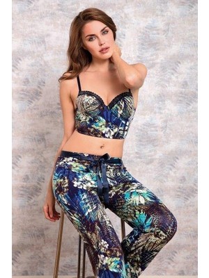 Anıl 4152 Kadın Çiçekli Viskon Push Up Bralet Mavi Pijama Takım