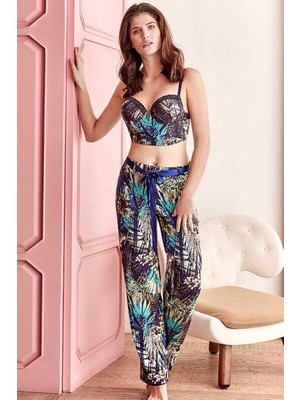 Anıl 4152 Kadın Çiçekli Viskon Push Up Bralet Mavi Pijama Takım