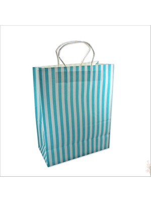 Süsle Bebek ve Parti Büküm Saplı Kağıt Çanta 32X26X12,5CM, Mavi Çizgili - 1 Adet
