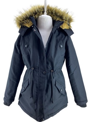 Asortix Unisex Çocuk Siyah Kışlık Kanvas Kumaş Büzmeli Kapüşonlu Kürk Mont - MNT-0005 Uzun Kol