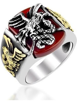 925 Ayar Gümüş Akik Taşlı Kartal Motifli Yüzük