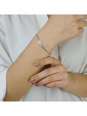 925 Gümüş 925 Ayar Gümüş Nazar Boncuklu Kar Tanesi  Bayan Bileklik