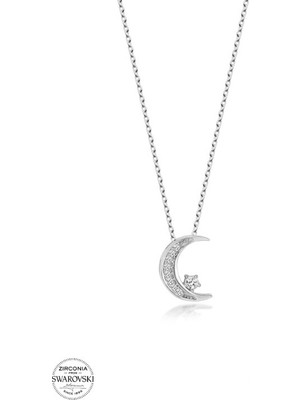 925 Gümüş Swarovski Zirconia Ay Yıldız 925 Ayar Gümüş Kolye