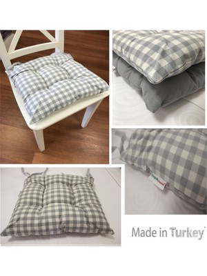 Tropik Home Ekose Gri Balkon Sandalyesi Minderi Pamuklu Kumaş Pofidik Elyaflı Sırt Sandalye Minderi 40X40 cm