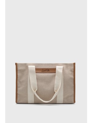 Kadın Krem Çizgili Keten Tote Çanta