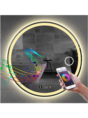 Dnr-Mirror90 Cm Bluetoothlu Buğu Yapmayan Makyaj Aynalı Kumlamalı Günışığı Ledli Yuvarlak Banyo Aynası