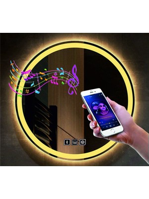 Dnr-Mirror90 Cm Bluetoothlu Buğu Yapmayan Dokunmatik Tuşlu Kumlamalı Günışığı Ledli Yuvarlak Banyo Aynası