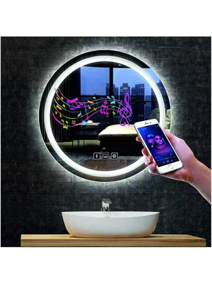 Dnr-Mirror75 Cm Bluetoothlu Buğu Yapmayan Dokunmatik Tuşlu Kumlamalı Beyaz Ledli Yuvarlak Banyo Aynası