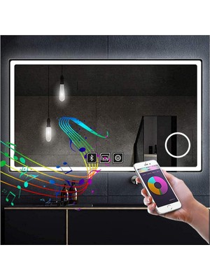 Dnr-Mirror80x120 Cm Bluetoothlu Buğu Yapmayan Makyaj Aynalı Dokunmatik Beyaz Ledli Dikdörtgen Banyo Aynası