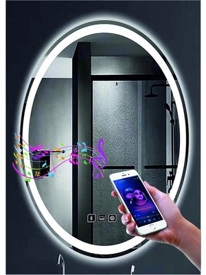 Dnr-Mirror73x93 Cm Bluetoothlu Buğu Yapmayan Dokunmatik Tuşlu Kumlamalı Beyaz Ledli Elips Banyo Aynası
