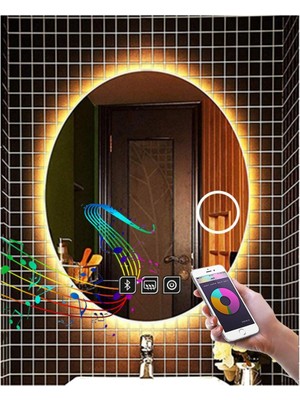 Dnr-Mirror55x75 Cm Bluetoothlu Buğu Yapmayan Makyaj Aynalı Dokunmatik Günışığı Ledli Elips Banyo Aynası