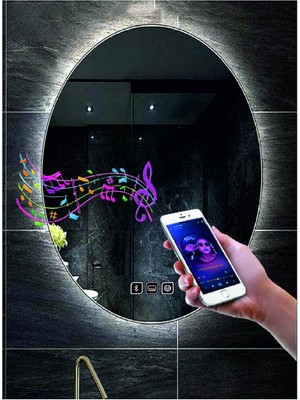 Dnr-Mirror55x75 Cm Bluetoothlu Buğu Yapmayan Dokunmatik Tuşlu Beyaz Ledli Elips Banyo Aynası