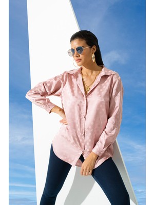 For You Woman Pembe Jakarlı Puantiyeli Saten Gömlek S27092
