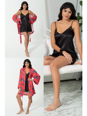 For You Sleepwear 5'li Kaplan Kırmızı Saten Sabahlık Gecelik TK S27074