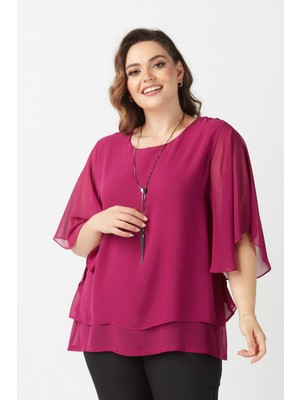 Moda Alba Violet  Yarasa Kol Kolyeli Büyük Beden Şifon Bluz