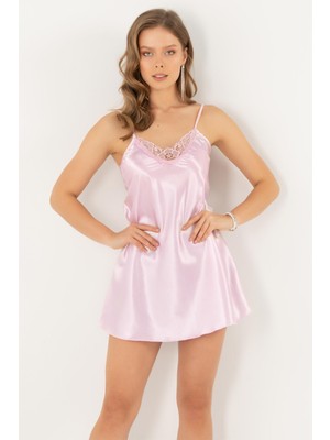 Miorre Ince Askılı Güpürlü Mini Saten Gecelik
