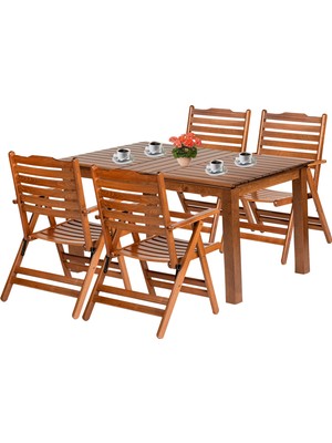 Bahçeme Ürgüp Ahşap Bahçe Balkon Takımı: 80X160 Sabit Ayaklı Masa + 4 Katlanır Sandalye Set