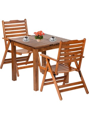Bahçeme Madrid Atina Ahşap Bahçe Balkon Seti: 80X80 Sabit Ayaklı Masa + 2 Katlanır Sandalye Takım