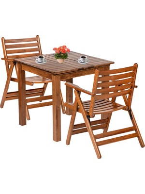 Bahçeme London Atina Ahşap Bahçe Balkon Takımı: 70X70 Sabit Ayaklı Masa + 2 Katlanır Sandalye Set