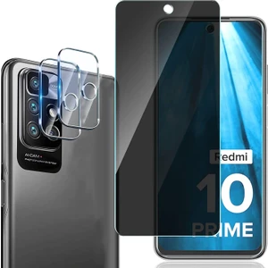 M.TK Moveteck Xiaomi Redmi 10 Uyumlu Ekran Koruyucu Cam ve Kamera Lens Koruyucu 2in1 Set Hayalet Gizli Privacy 9h Tam Kaplar Cam Koruyucu