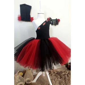 Shecco Babba Kız Çocuk Kırmızı Siyah Tek Omuz Tütü Elbise 3'lü Set, Parti Elbisesi, Doğum Günü Kostümü, Maske Eldiven Set