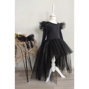 Shecco Babba Kız Çocuk Siyah Deri Detaylı Tüllü Abiye Elbise, Parti Elbisesi, Doğum Günü Elbisesi, Bandana