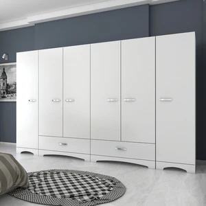 F4 Geniş Gardırop Elbise Dolabı 6 Kapaklı 2 Çekmeceli 12 Raflı 2 Askılı Tek Modül Beyaz