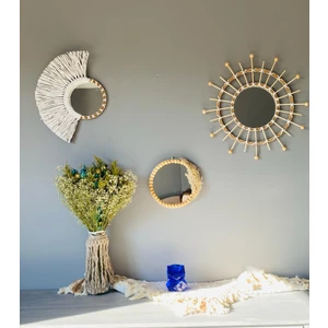 Wall Art Beyaz Bambu ve Beyaz Rafya Ayna Duvar Dekorasyon Ürünü 3’lü Set