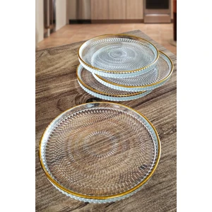 Altın Yaldızlı Kristal 4'lü Cam Tabak Çerezlik Sunumluk Sunum Tabağı 16 cm