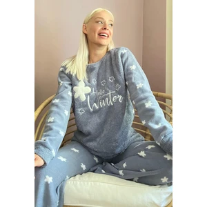 Pijama Evi Indigo Hello Winter Desenli Kadın Peluş Pijama Takımı