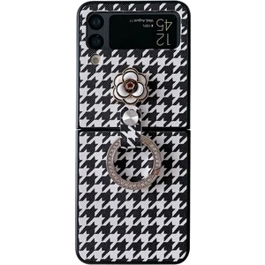 Samsung Galaxy Z Flip 4 Houndstooth Dıy Kamelya Çiçek Parmak Yüzük Koruma Cep Telefonu Kılıfı Kapağı (Yurt Dışından)