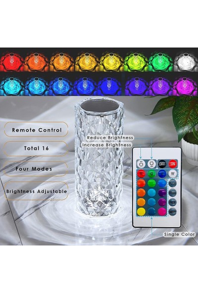 Ybltd Kristal Elmas Masa Lambası 16 Renk USB Şarjlı Dokunmatik (Yurt Dışından)