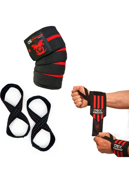 Knee Wraps + Wrist Wraps + 8 Loop Lifting Straps  3'lü Set