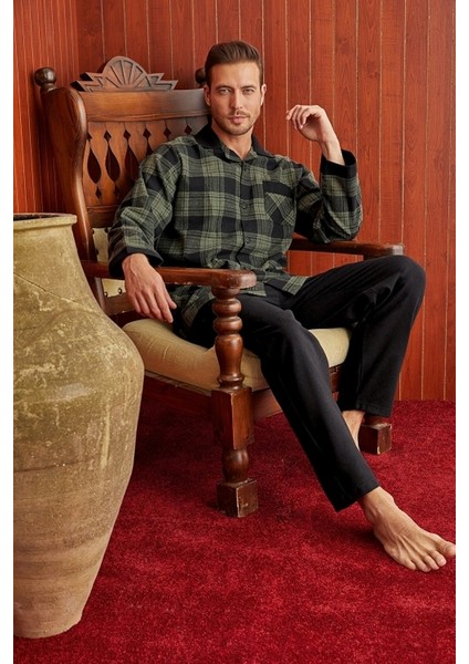 4023-KLY Apaj Yaka Dokuma Pijama Takım-Haki