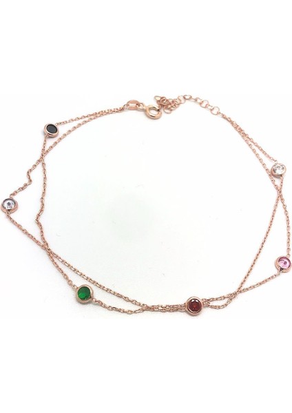 Gümüş Çift Zincirli Renkli Taşlı Halhal NZ14R63