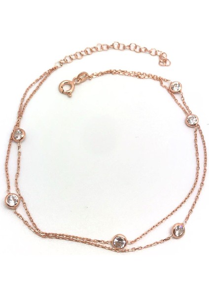 Gümüş Çift Zincirli Beyaz Taşlı Halhal NZ11E3