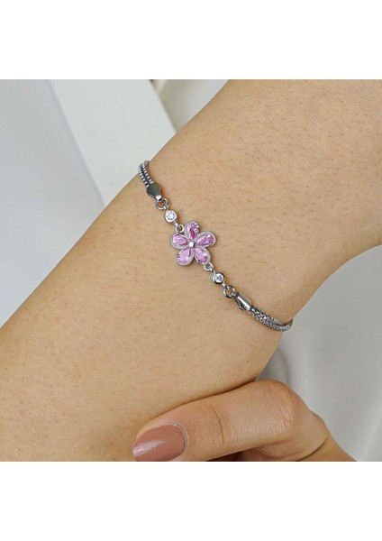 Pembe Renkli Çiçek Tasarımlı 925 Ayar Gümüş Bileklik