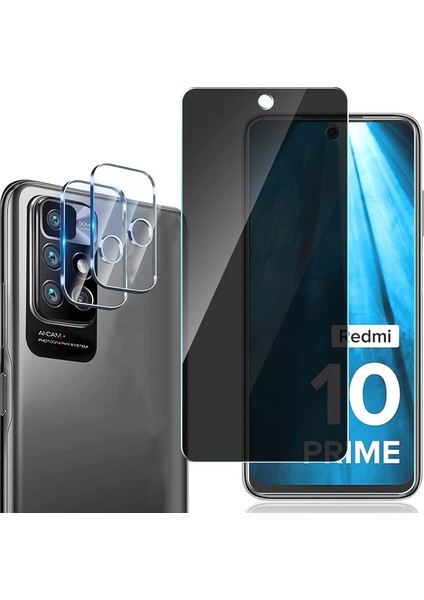 Xiaomi Redmi 10 Uyumlu Ekran Koruyucu Cam ve Kamera Lens Koruyucu 2in1 Set Hayalet Gizli Privacy 9h Tam Kaplar Cam Koruyucu