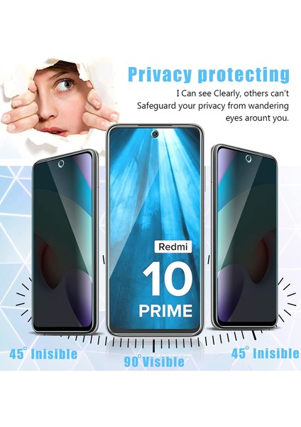Xiaomi Redmi 10 Uyumlu Ekran Koruyucu Cam ve Kamera Lens Koruyucu 2in1 Set Hayalet Gizli Privacy 9h Tam Kaplar Cam Koruyucu