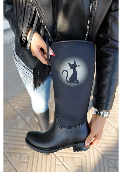 Kedi Silüeti Baskılı Kadın Yağmur Çizmesi modelleri