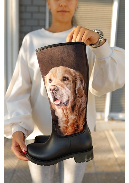 Kahve Köpek Baskılı Kadın Yağmur Çizmesi modelleri