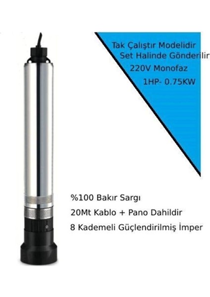 Derin Kuyu Dalgıç Pompa Seti Ds5.1-56/7 Kalem Dalgıç 1hp 0.75KW 4''50MT Dik Basar Panolu Sch-Kuyu