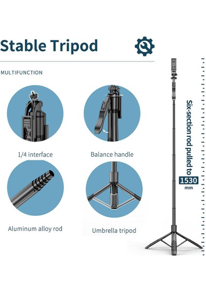 1530MM Kablosuz Selfie Çubuğu Tripod Katlanabilir Monopod Sarsıntı Önleyici 360 Derece Dönen Selfie ile Uyumlu (Yurt Dışından)