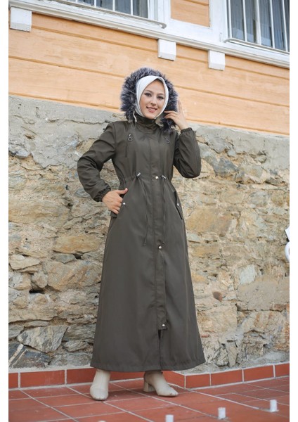 Haki Içi Kürklü ve Su Geçirmez Tam Boy Kadın Kışlık Mont & Kaban