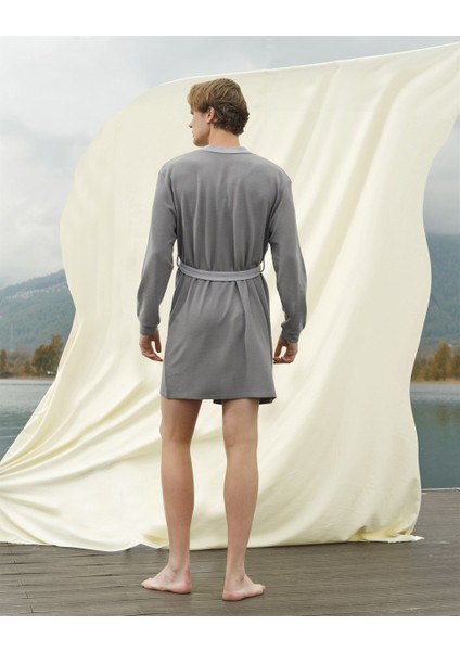 Unisex Yetişkin Gri Marka Baskılı Cepli Kuşaklı Sabahlık 4003 modelleri